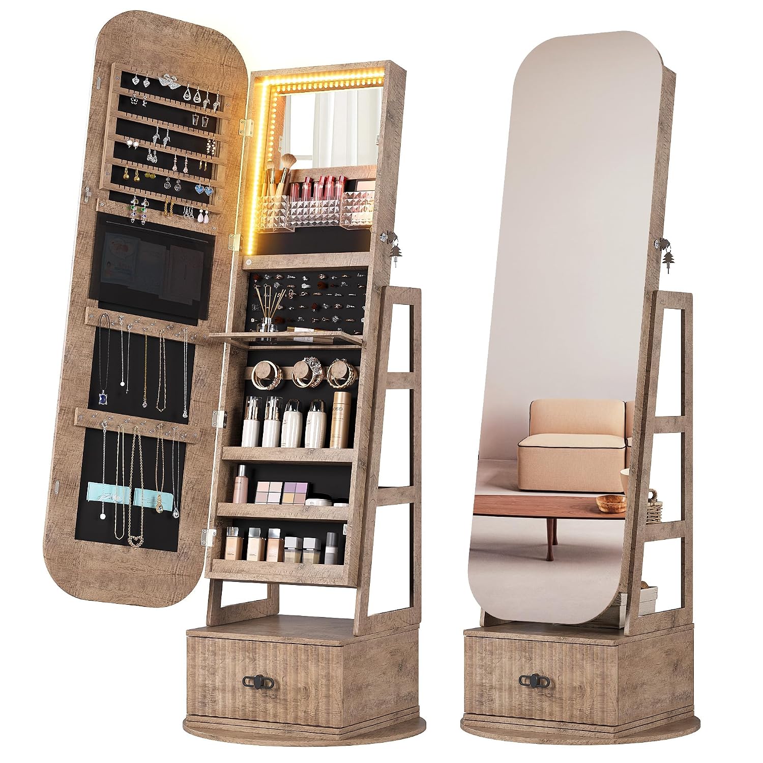 Full Length Mirror Jewelry Armoire - Organizadores de joyería giratorios 360° con