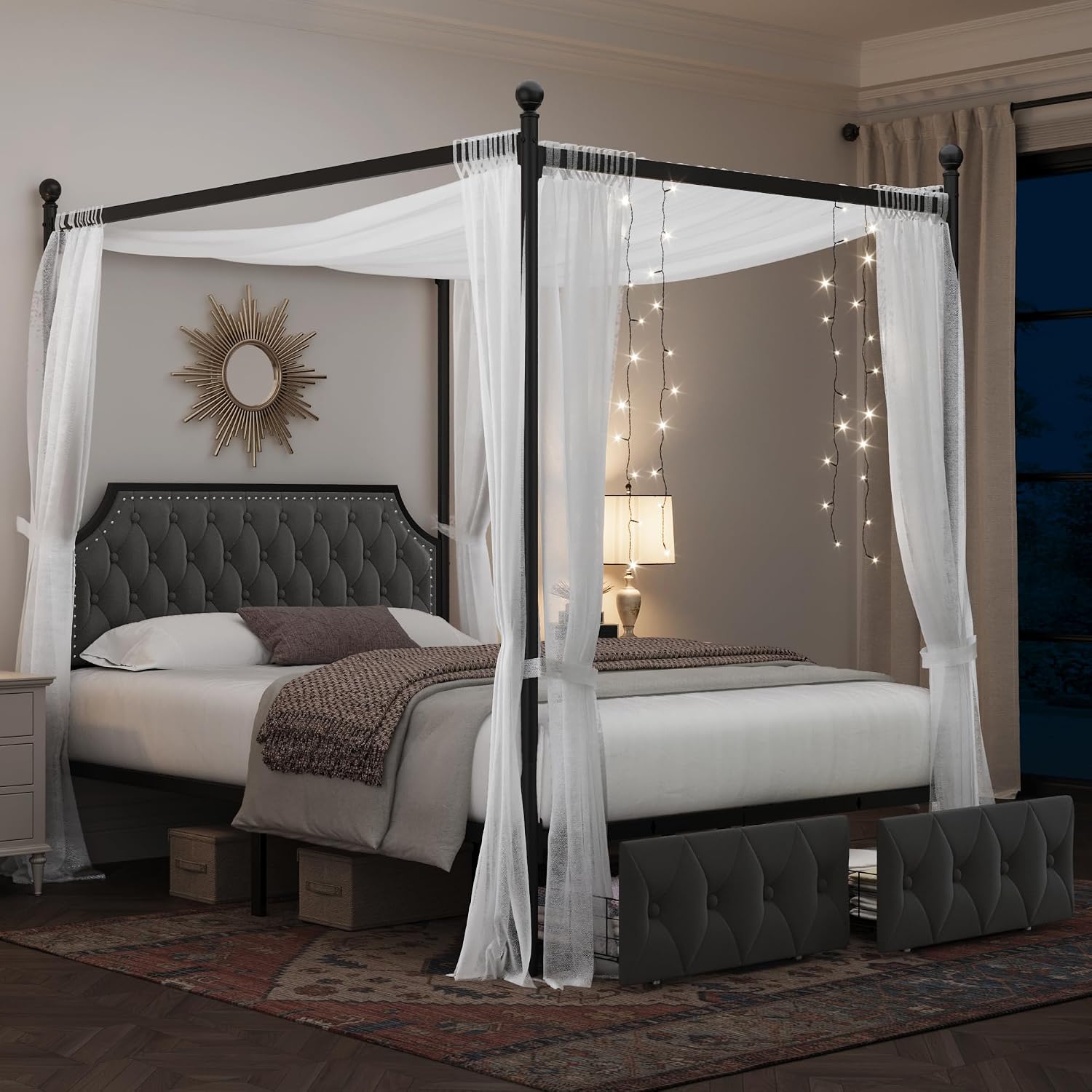 Canopy Bed Frame Metal Queen - Cama Queen con dosel, con cajones